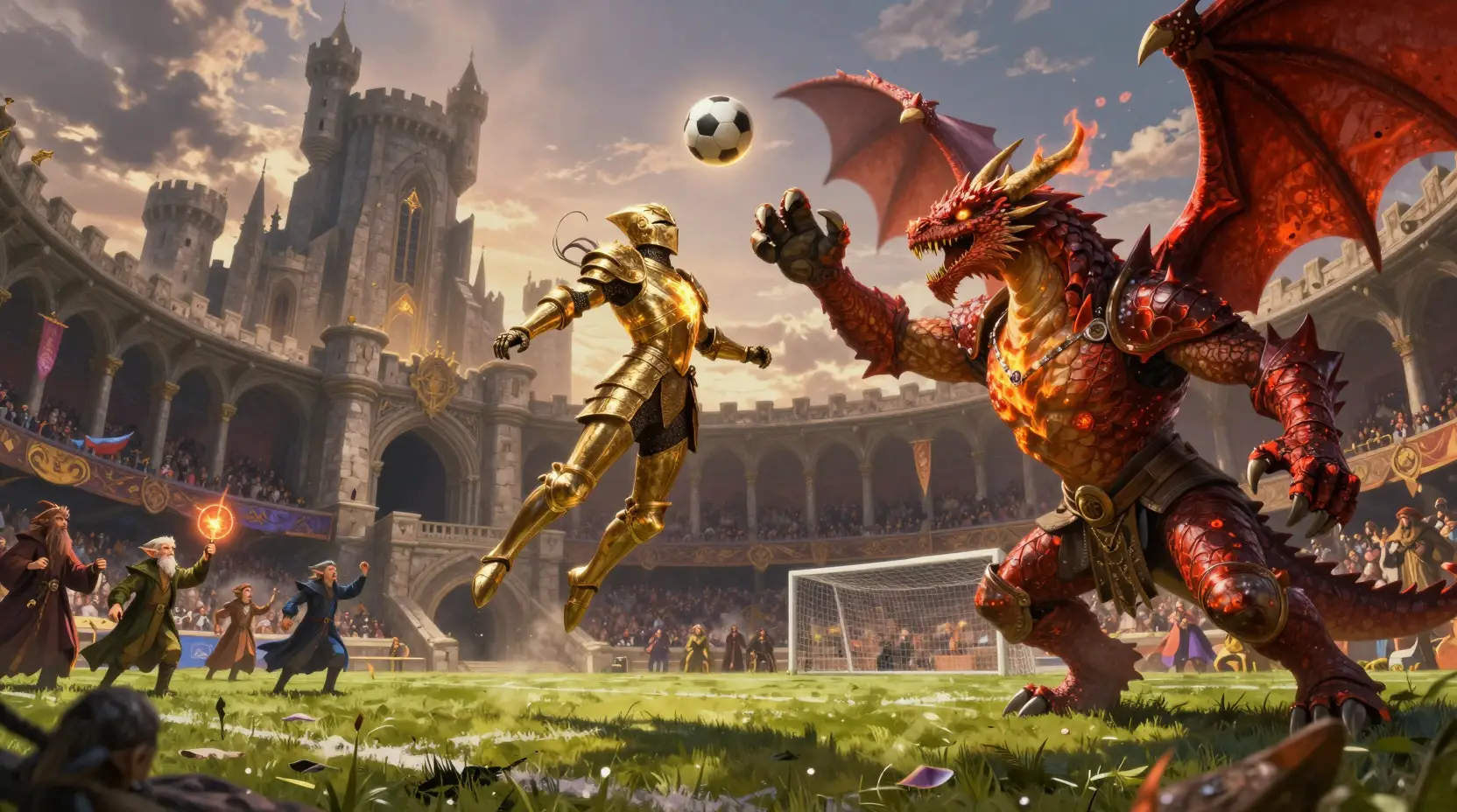 Knight Heading A Soccer Ball Against A Dragon Goalkeeper