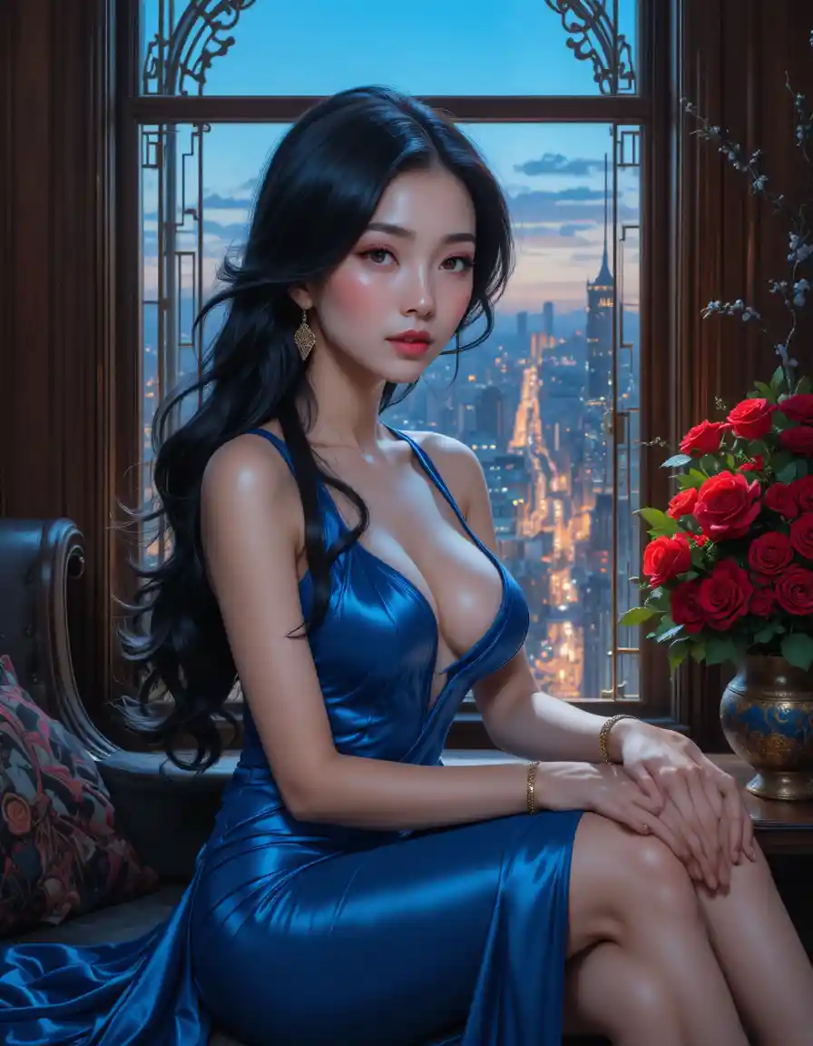 Elegant young woman in blue silk robe by window