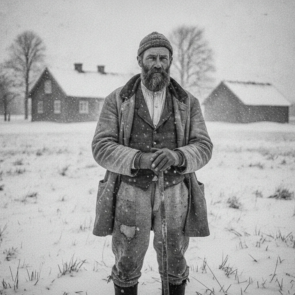 Weathered farmer in snowy rustic Swedish countryside scene