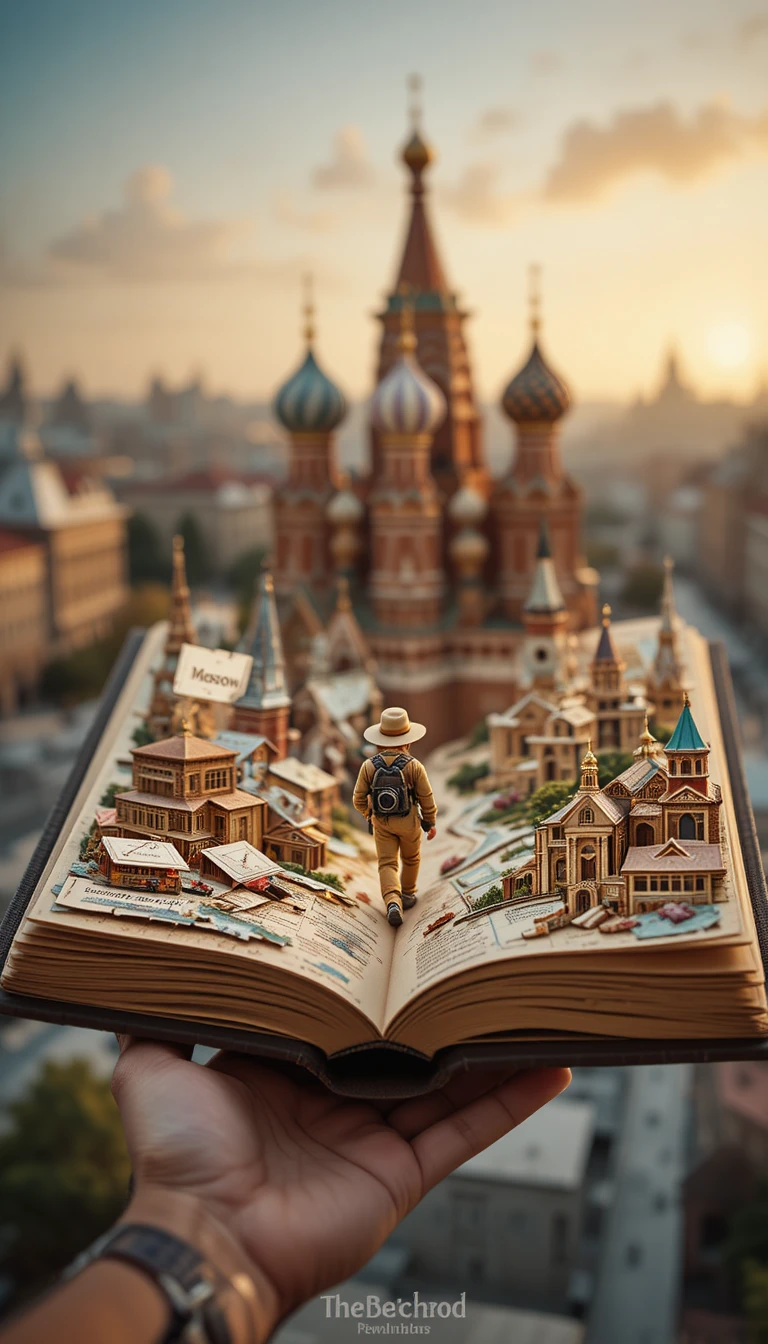 Close up of a vintage travel magazine with Moscow diorama