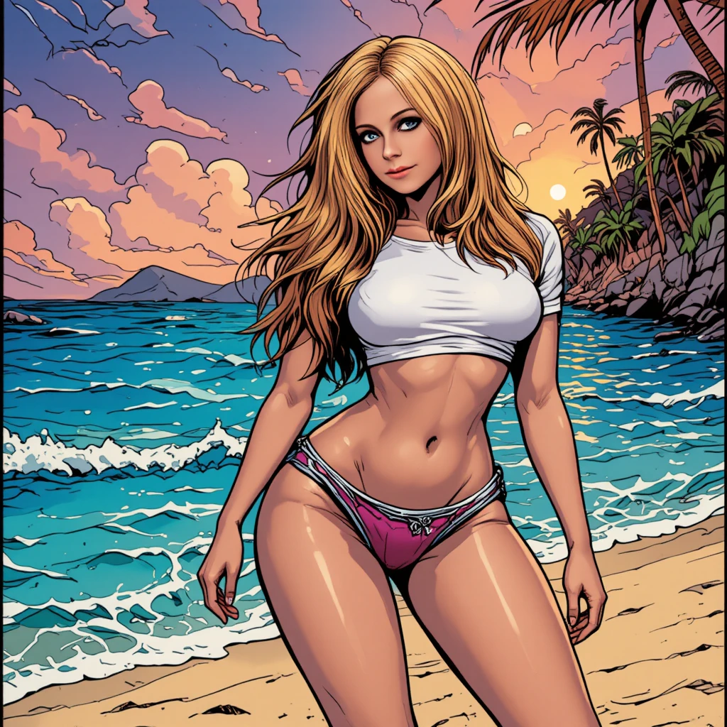 Curvy woman in bikini and t shirt posing on sunny beach