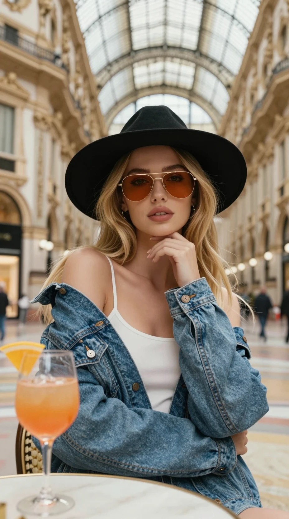 Stylish blonde woman in hat in grand urban courtyard