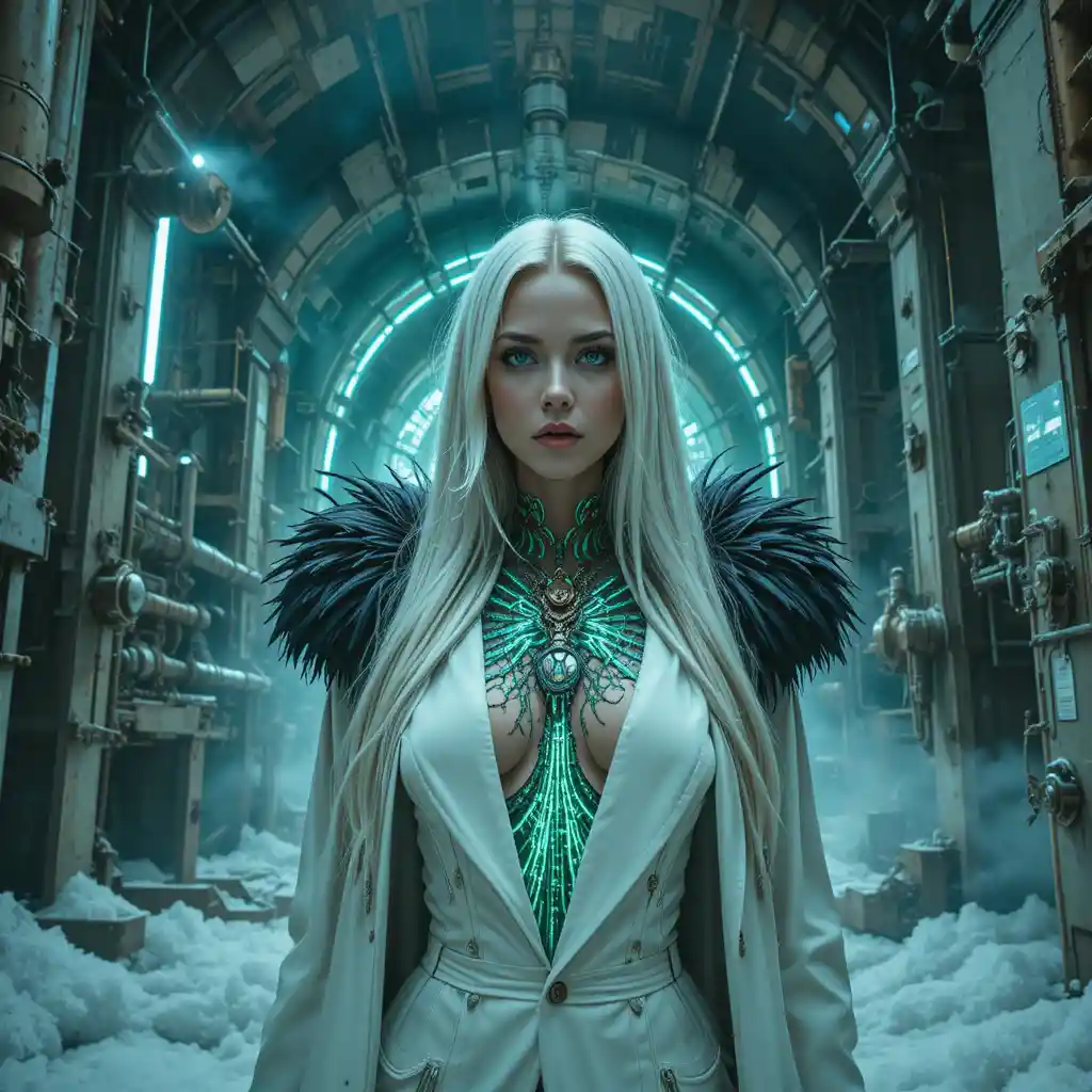 Cyberpunk femme fatale in frozen industrial reactor cathedral