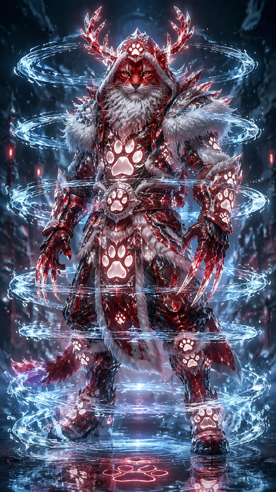 Crystal water mage cat warrior in full body view