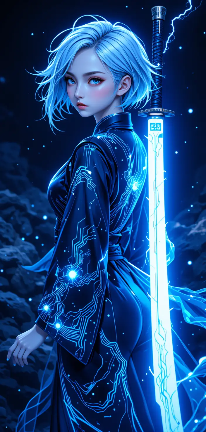 Anime cyber girl with celestial katana and glowing eyes