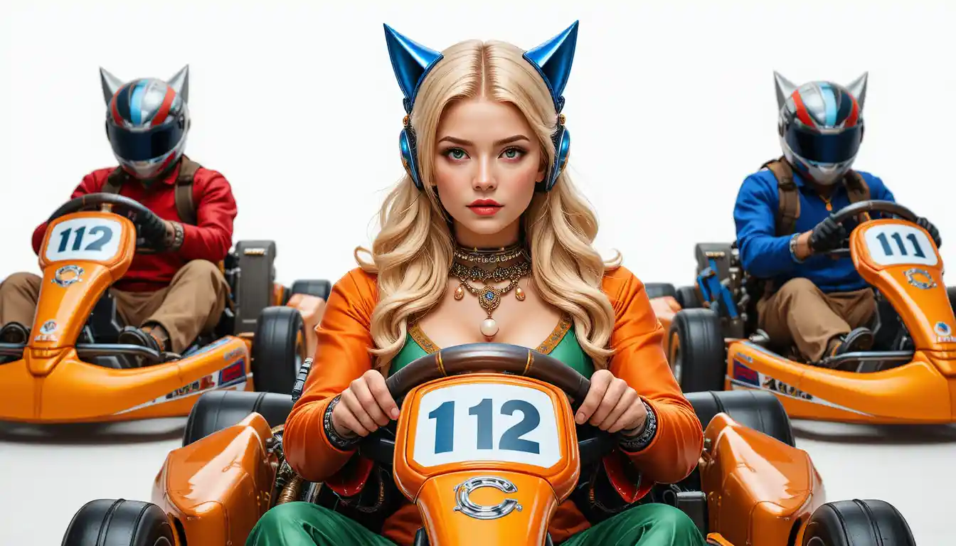 Ragazza bionda su go-kart arancione frontale verso la fotocamera