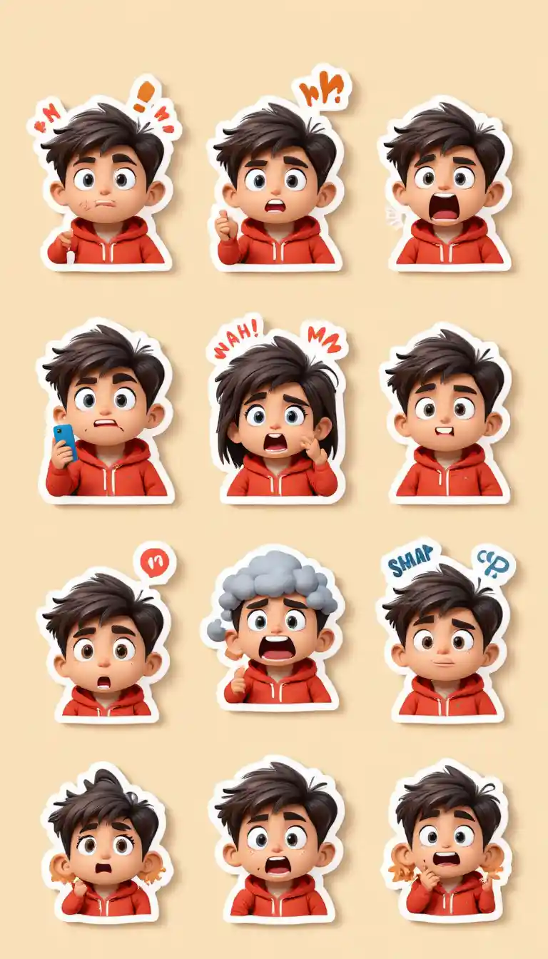 Cute 3D cartoon girl in red hoodie emoji sticker set