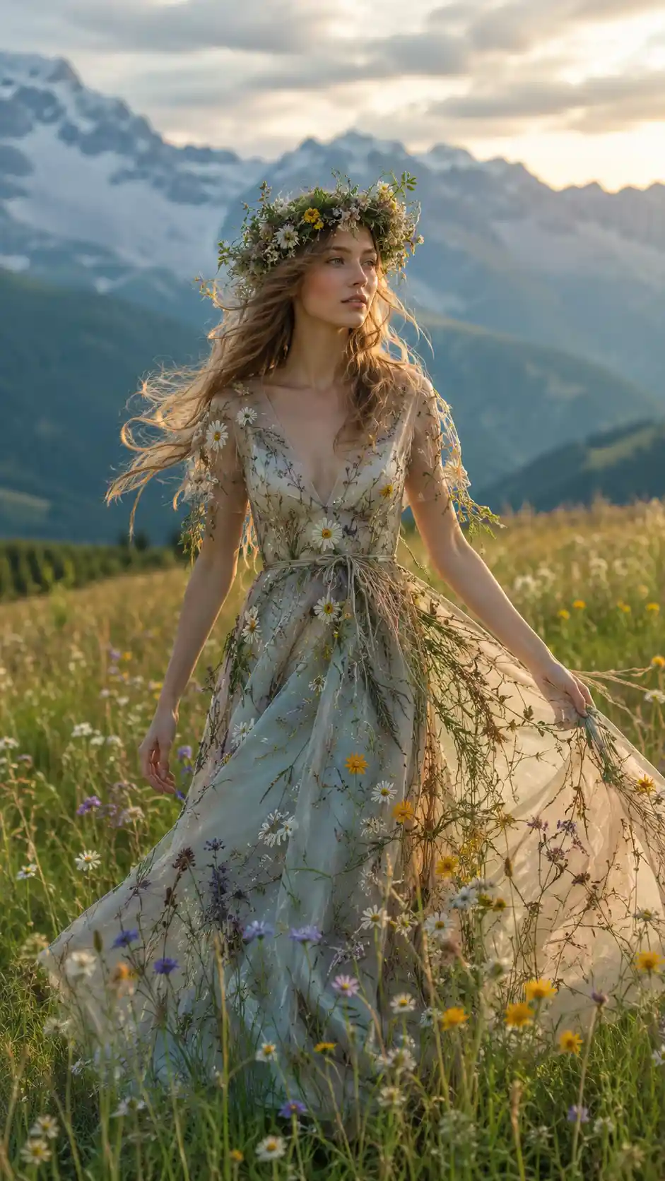Woman walking through an alpine meadow in floral gown
