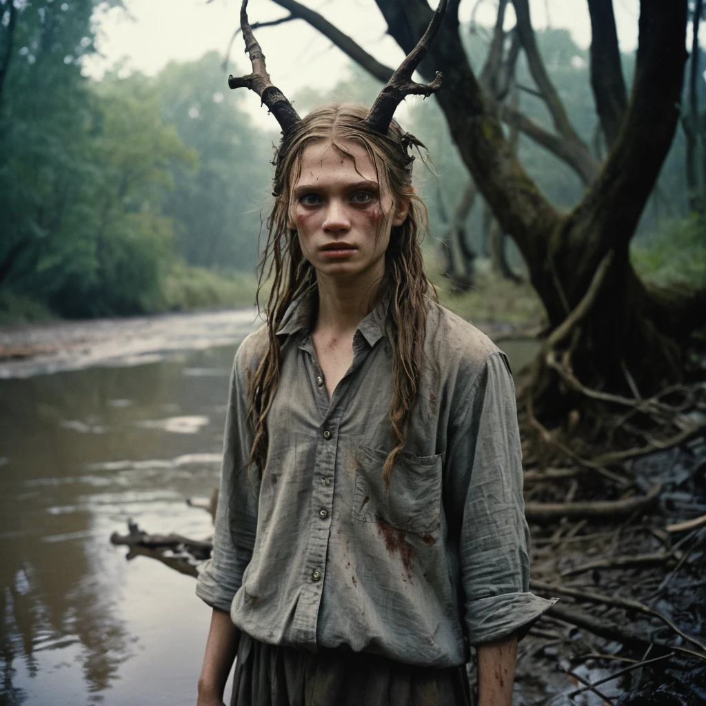 Barefoot girl by a forest river under eerie moonlight