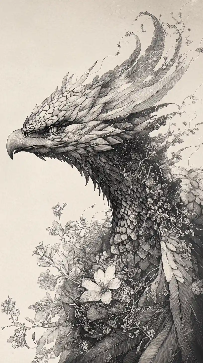 Surreal dragon and eagle illusion with botanical ink wings