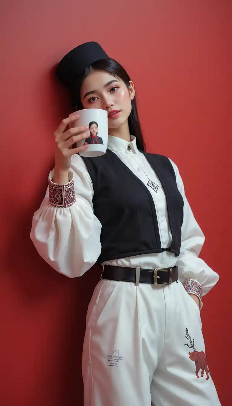 Woman in modern Slavic fashion holding coffee cup close to camera