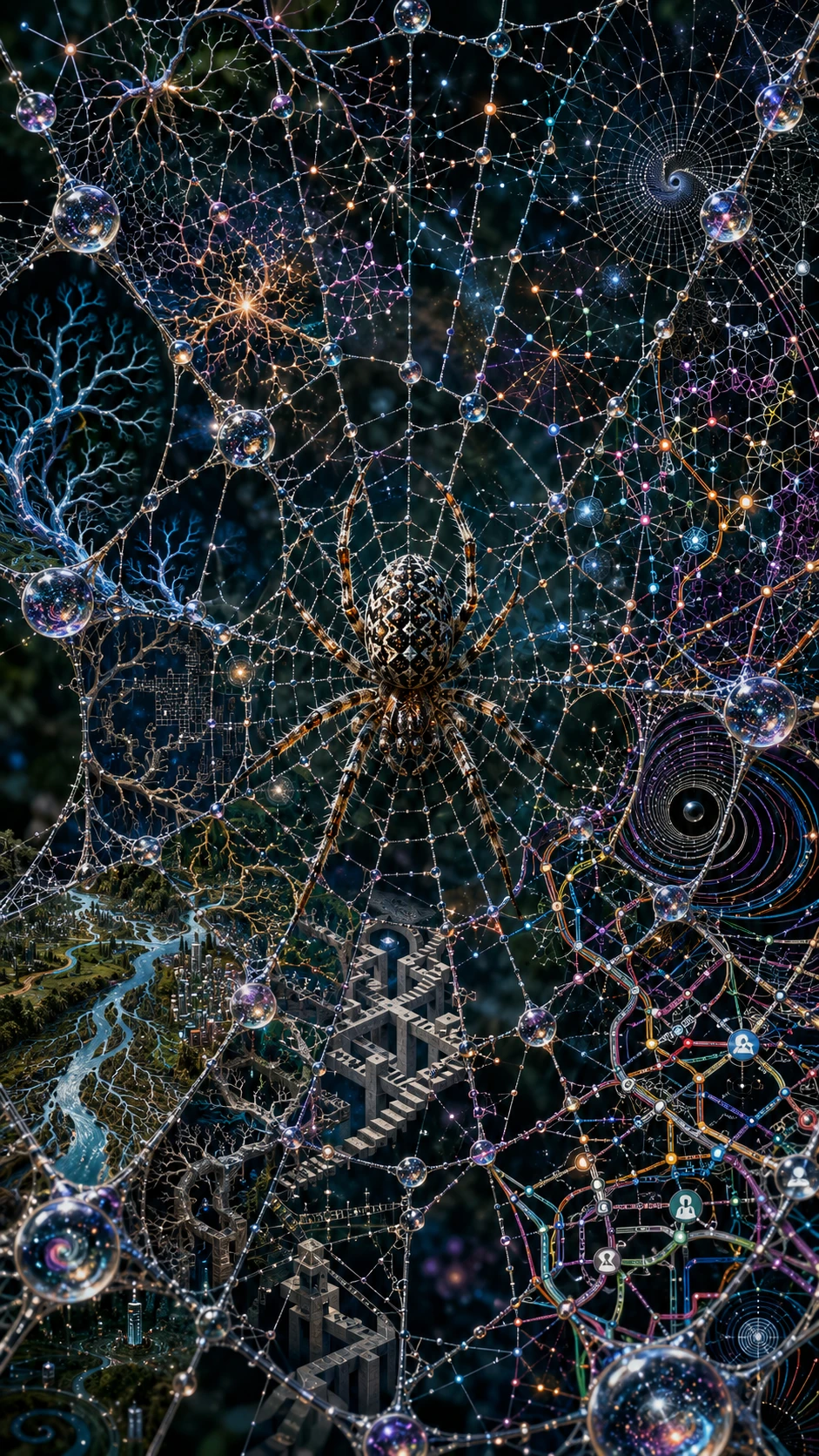 Araña tejedora en una telaraña cósmica surrealista