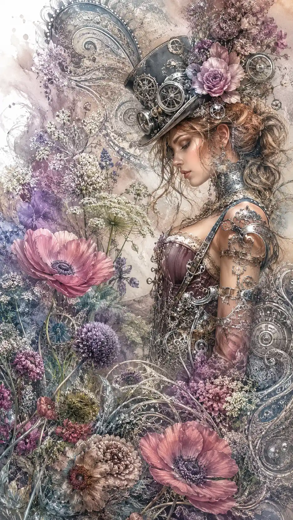Fantasy steampunk woman with floral meadow moodboard illustration
