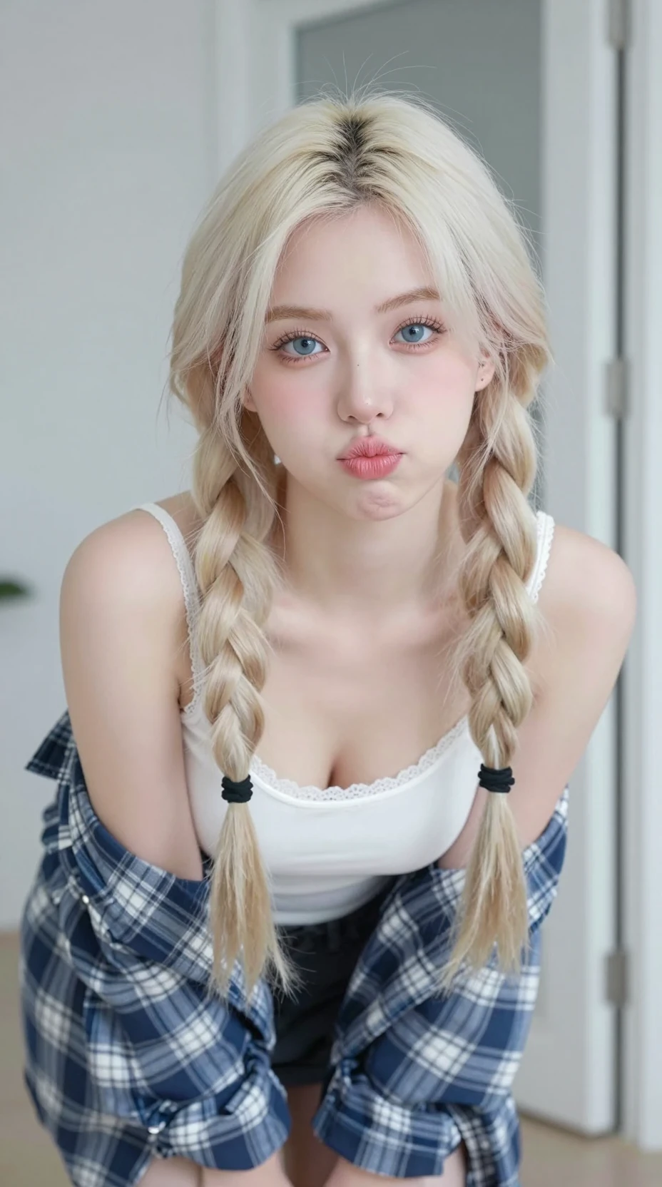 Playful blonde girl portrait in bright indoor setting