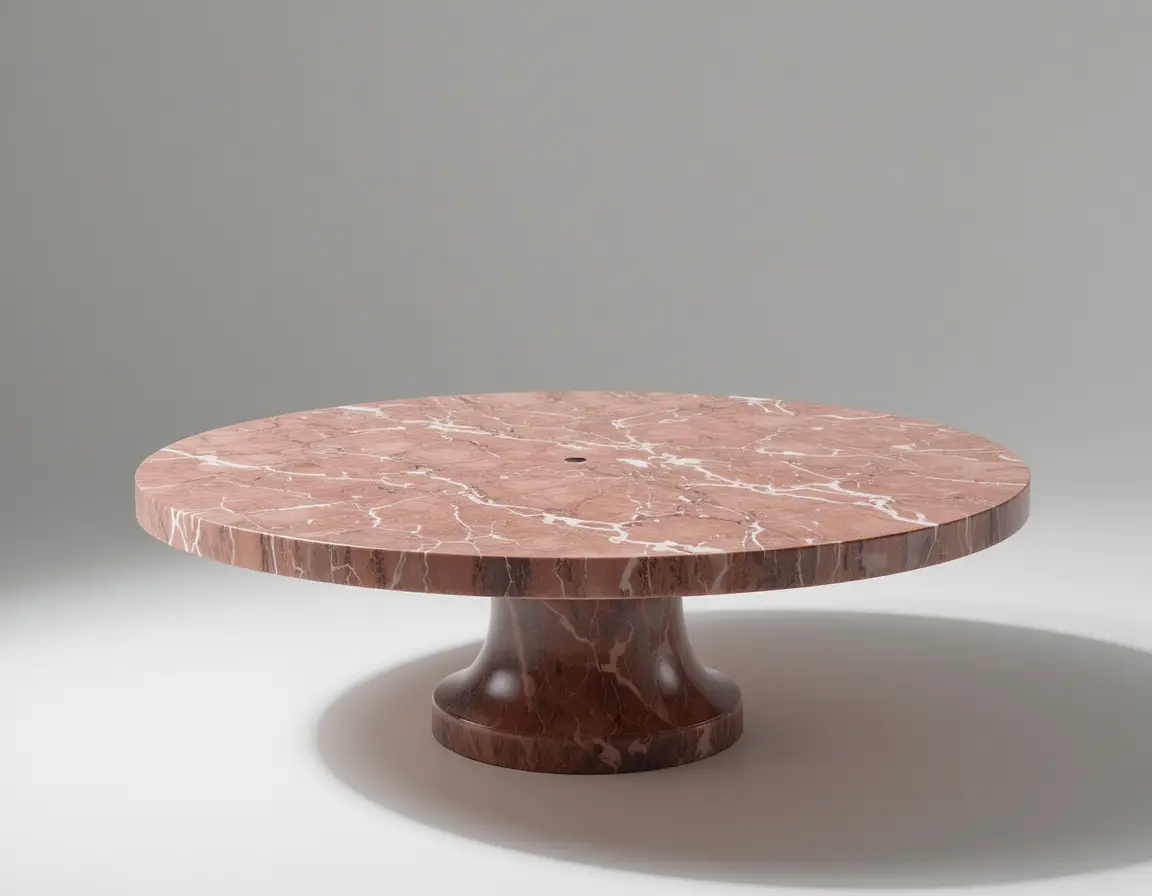 Tavolo rotondo in marmo rosa con base in legno su sfondo bianco