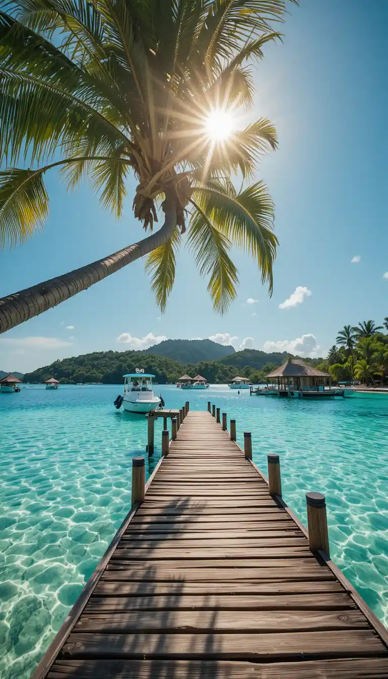 Rustic Pier And Palm Tree Over Turquoise Tropical Sea