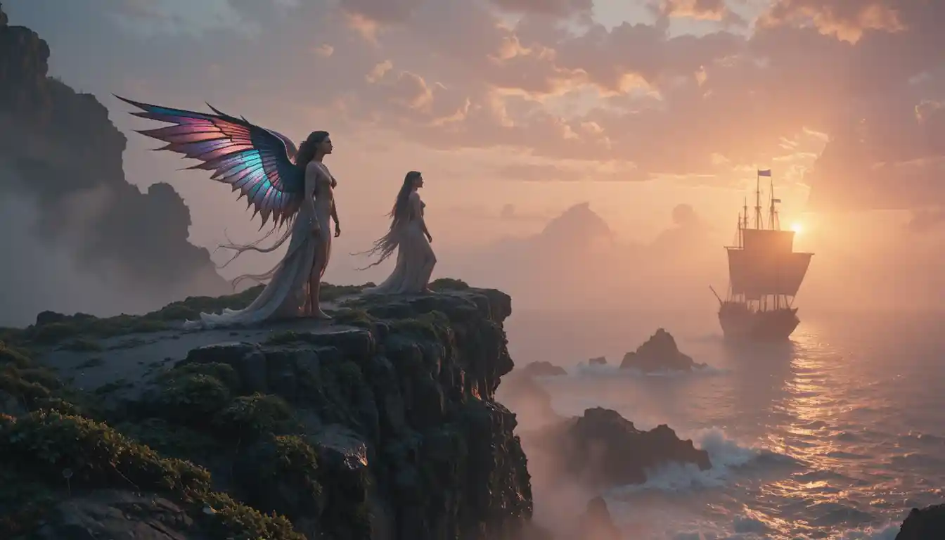 Sirens Luring A Ship Against Jagged Cliffs At Dawn