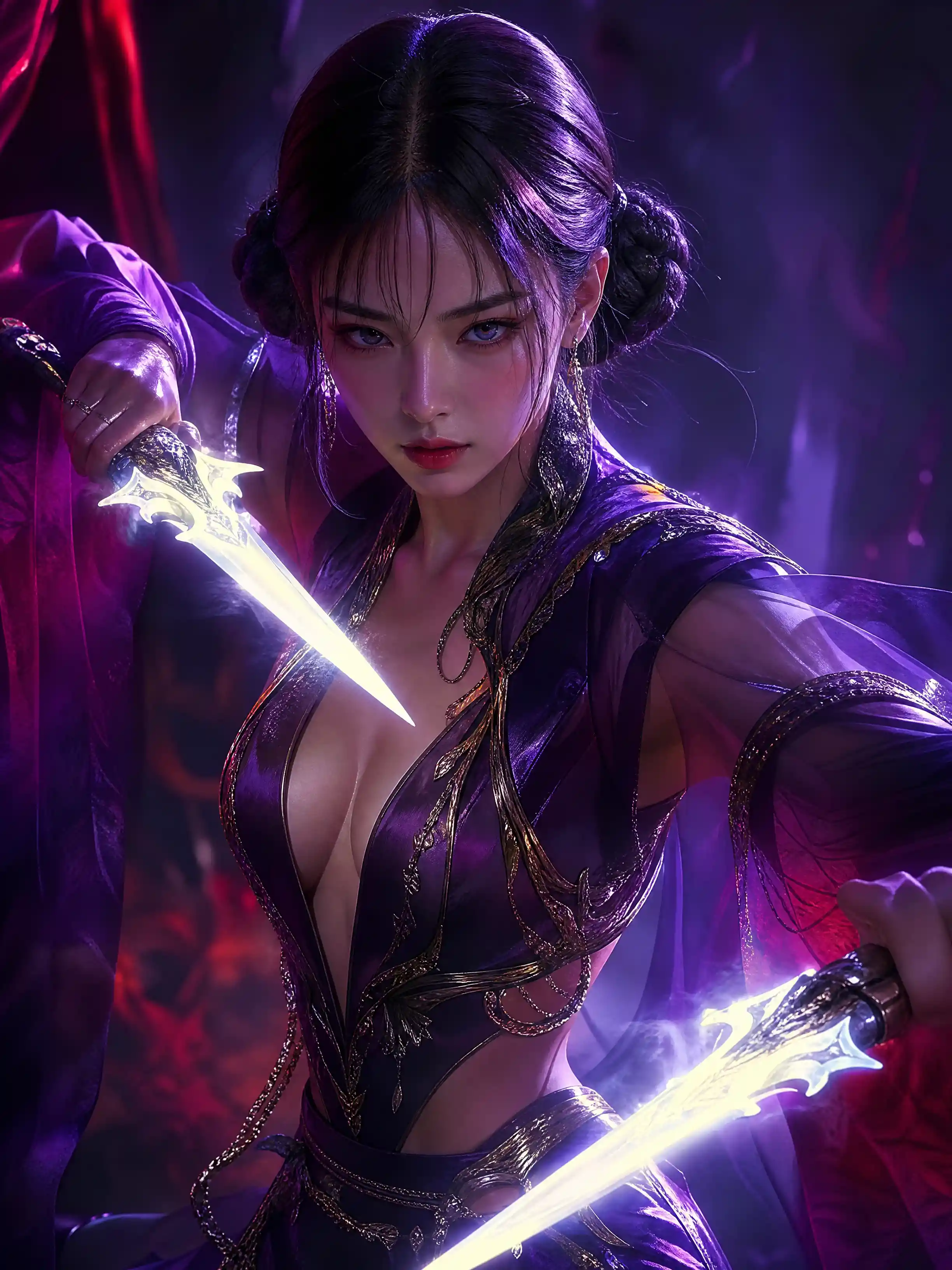 Fantasy warrior woman with glowing daggers in dramatic stance