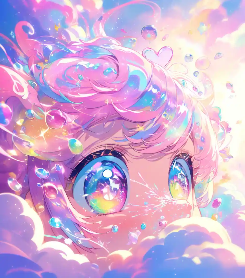 Cute anime kitten sneezing glitter on a pastel bed