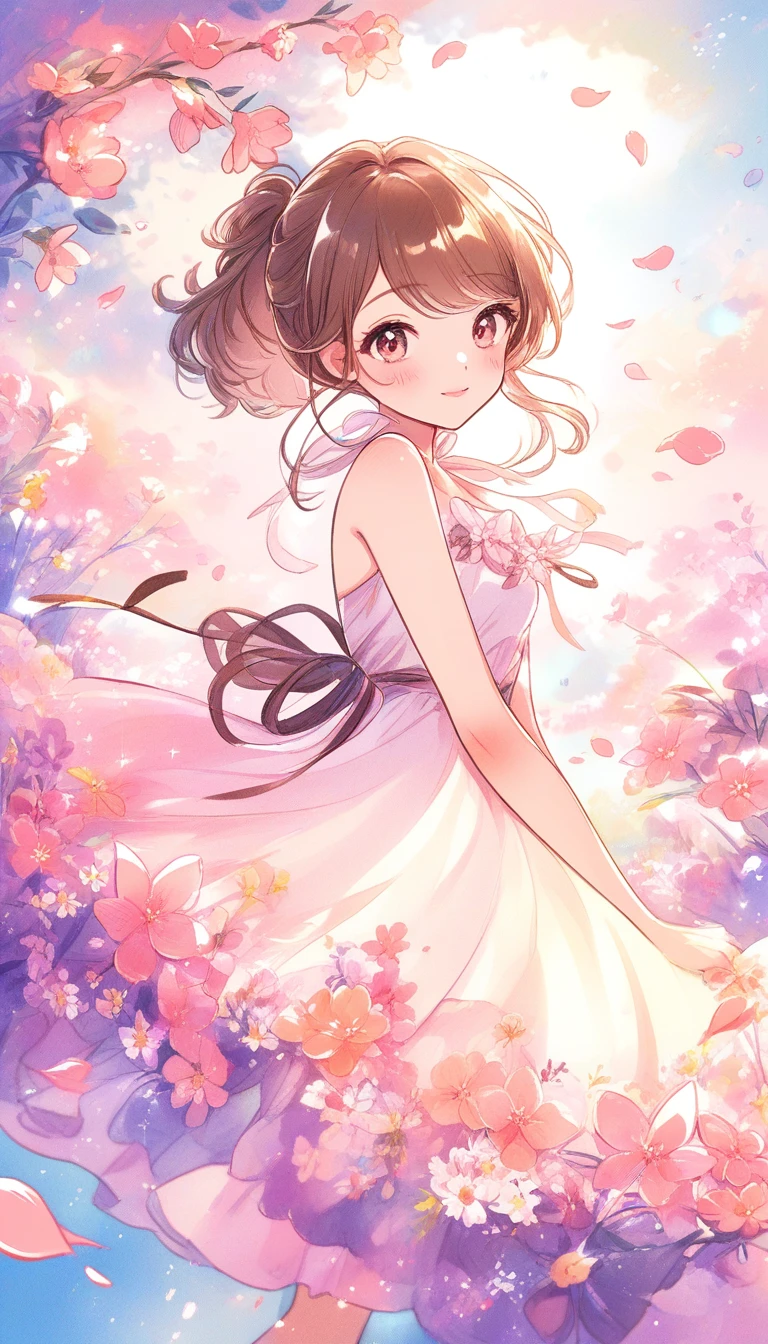 Dreamy watercolor girl in floral tulle dress