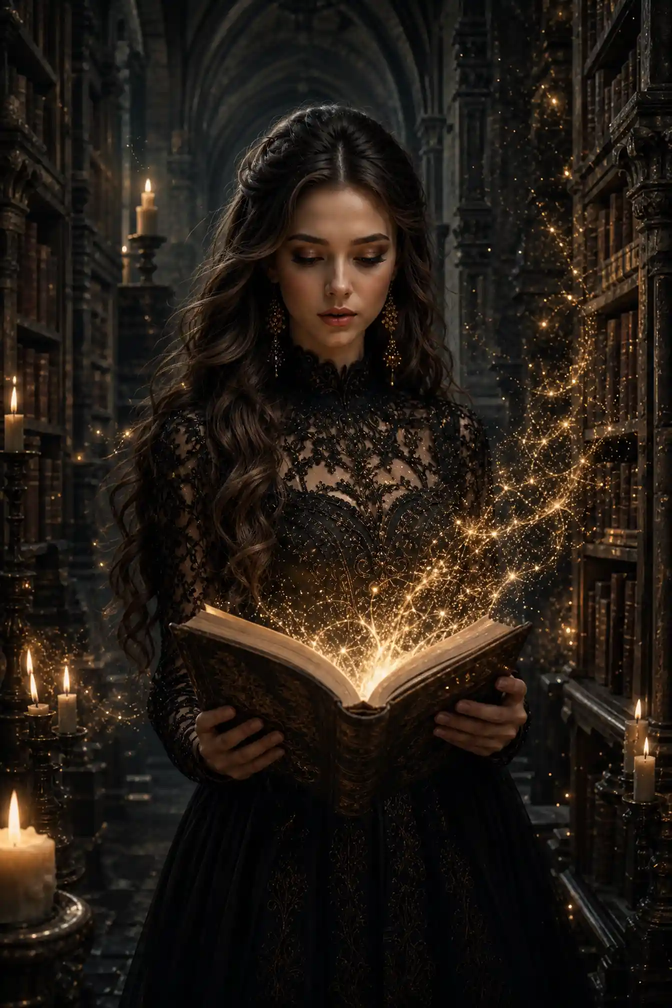 Gothic fantasy woman reading a glowing ancient book