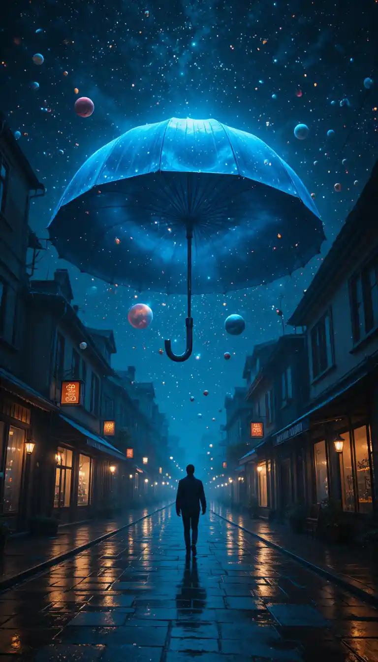 Silhouette auf regennasser Stadtstraße unter kosmisch blauem Regenschirm