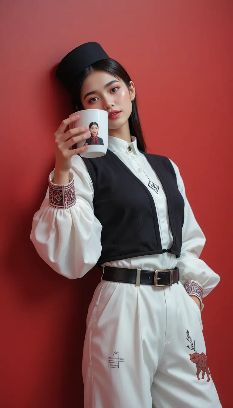 現代スラブ風ファッションの女性がカメラの近くでコーヒーカップを持つ姿