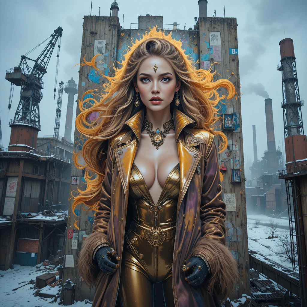 Cyberpunk outlaw queen mural on industrial megastructure