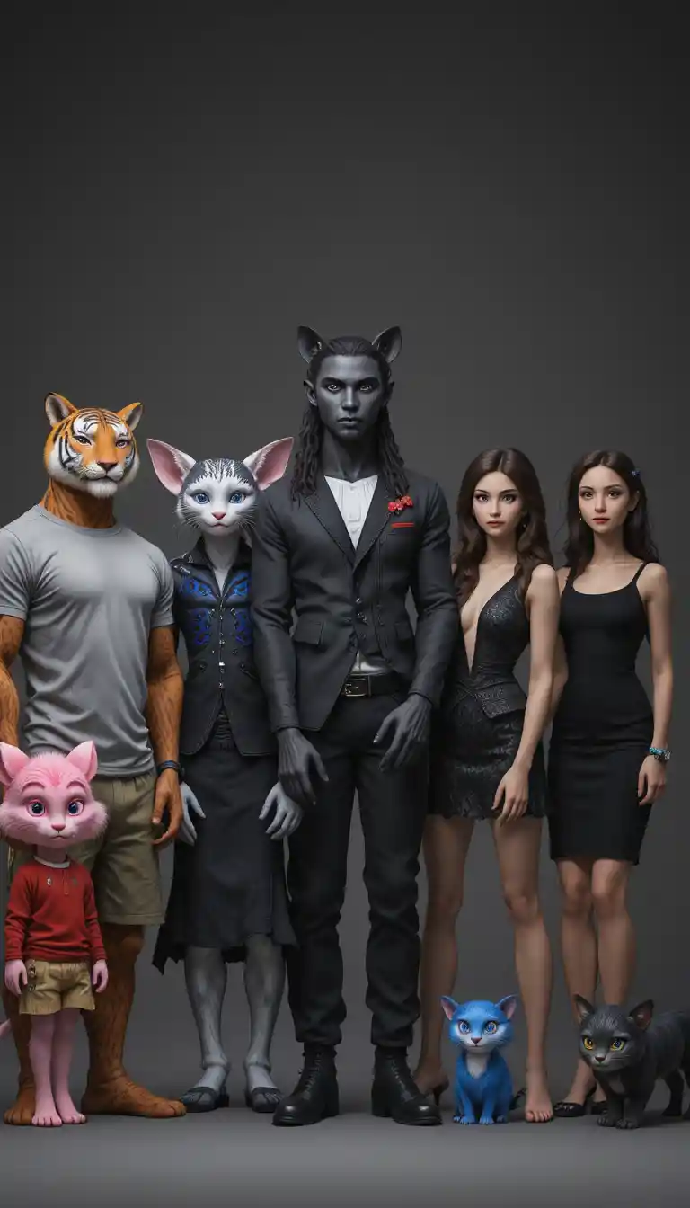 Anthropomorphic characters lined up in a calm studio portrait