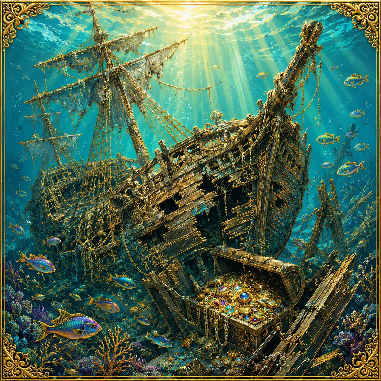 Ancient Sunken Galleon With Treasure In Turquoise Waters