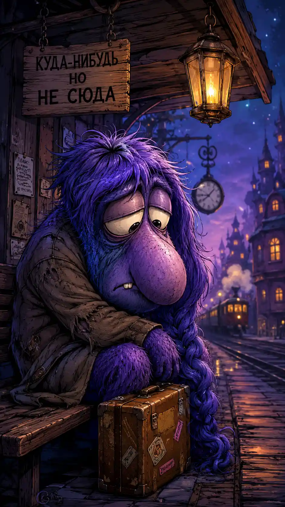 Sad cartoon monster with tangled purple fur and big nose