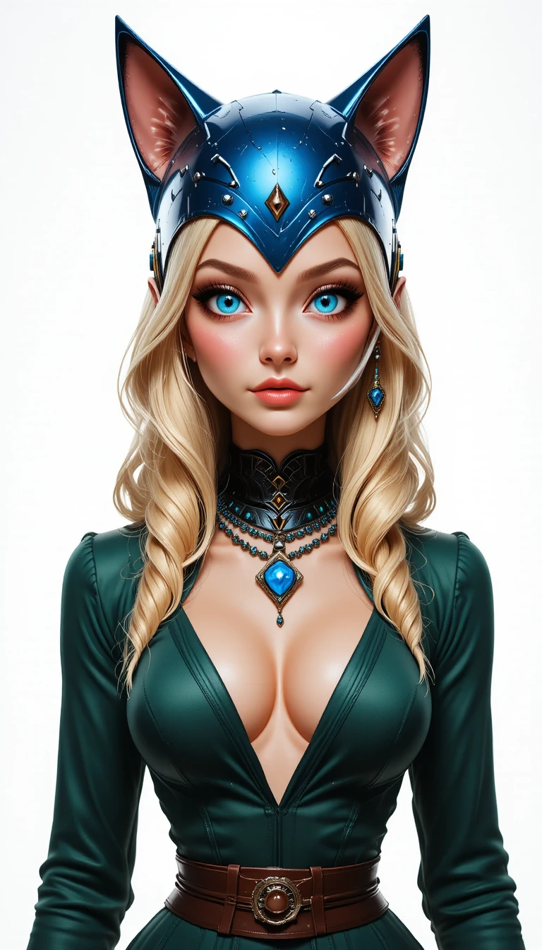 Fantasy blonde woman in cat ear helmet close up portrait