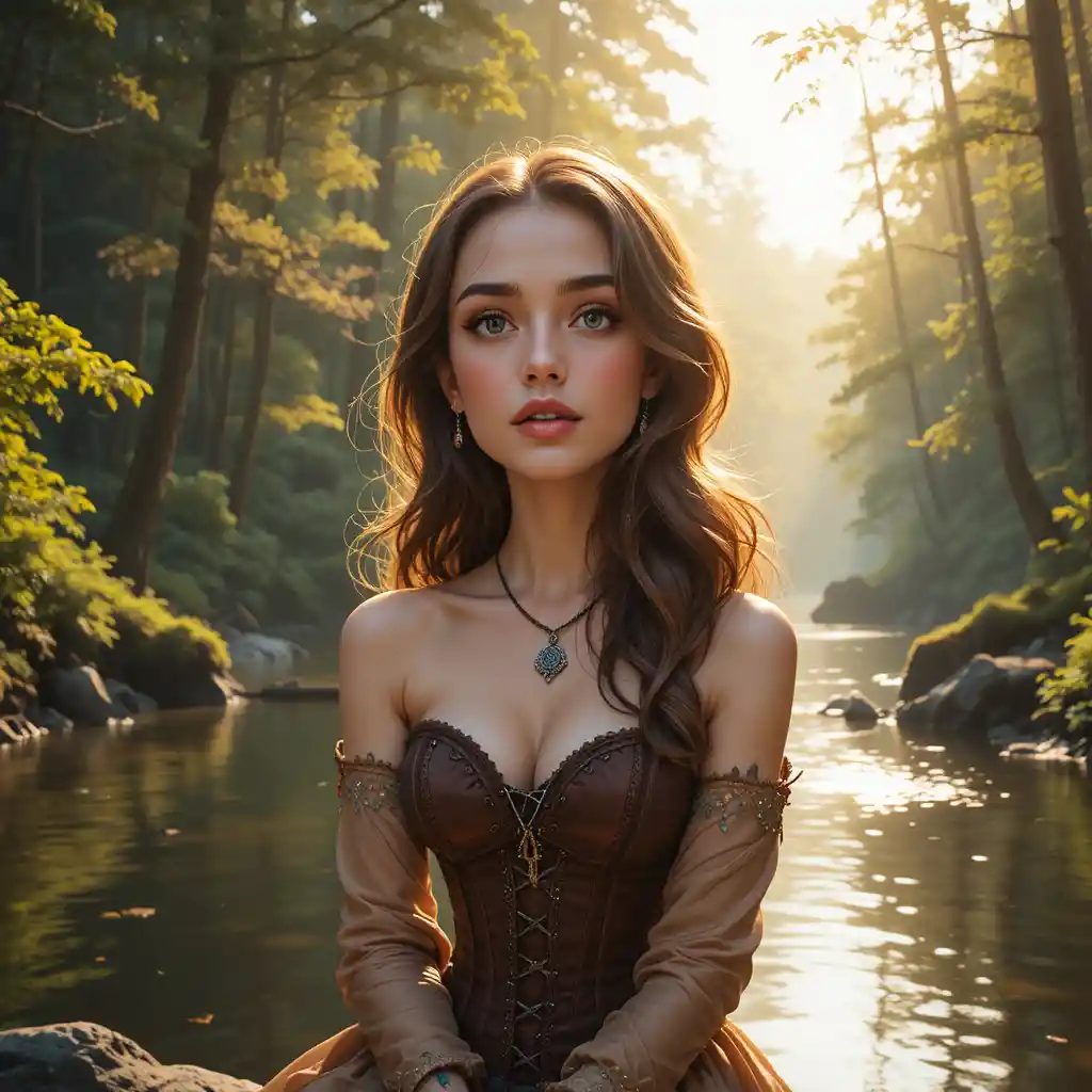 Giovane donna in una foresta accanto a un fiume illuminato dal sole