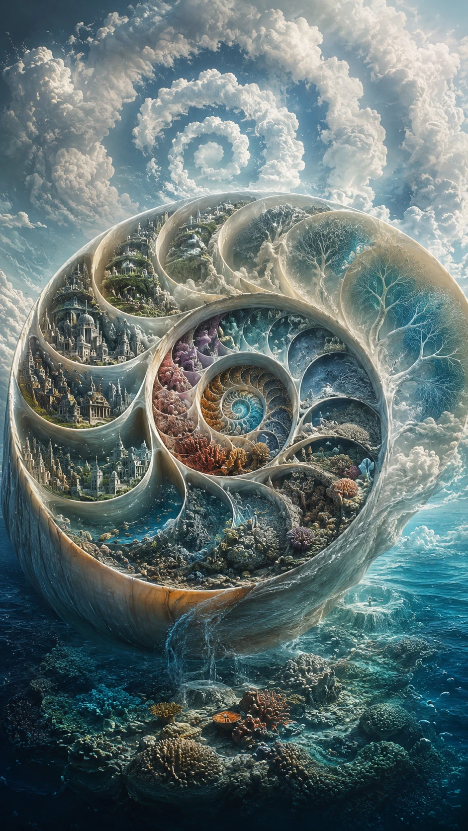 Spiraling nautilus shell forming an infinite inward pattern
