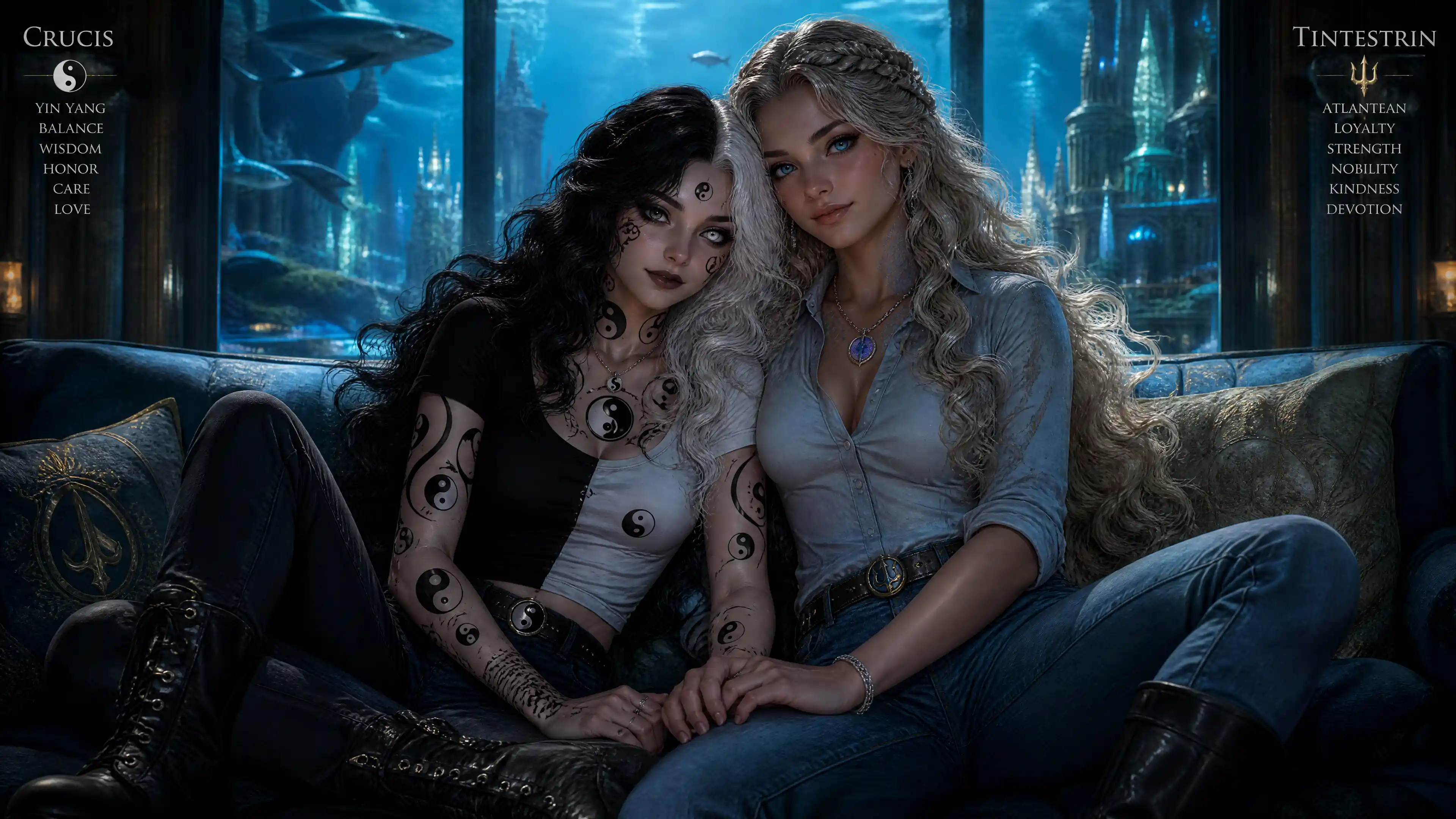 Fantasy woman with yin yang markings in casual clothes