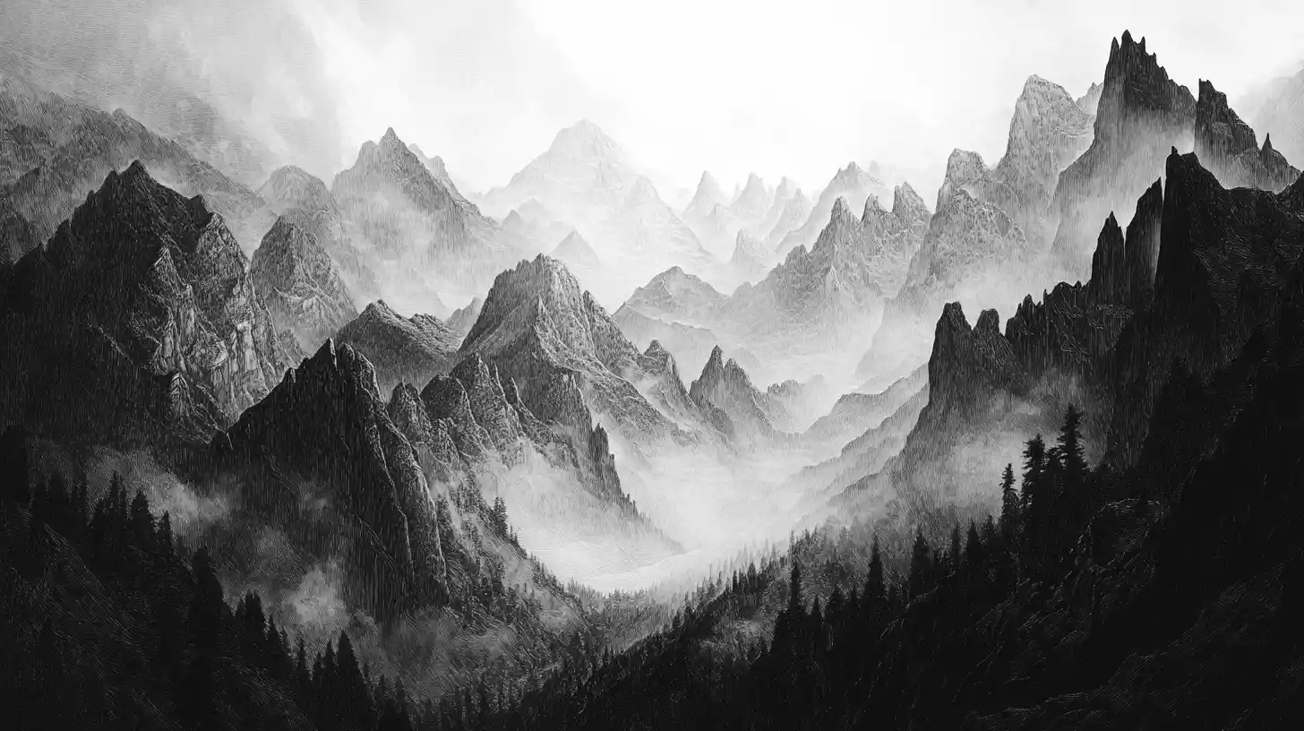 Towering mountains with hidden animal silhouettes in shadows