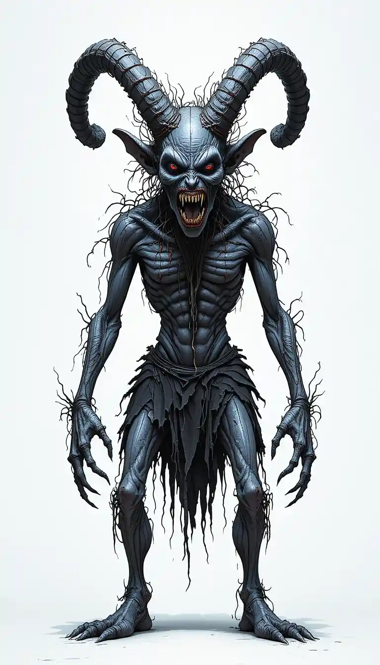 Terrifying horned monster standing on a stark white background