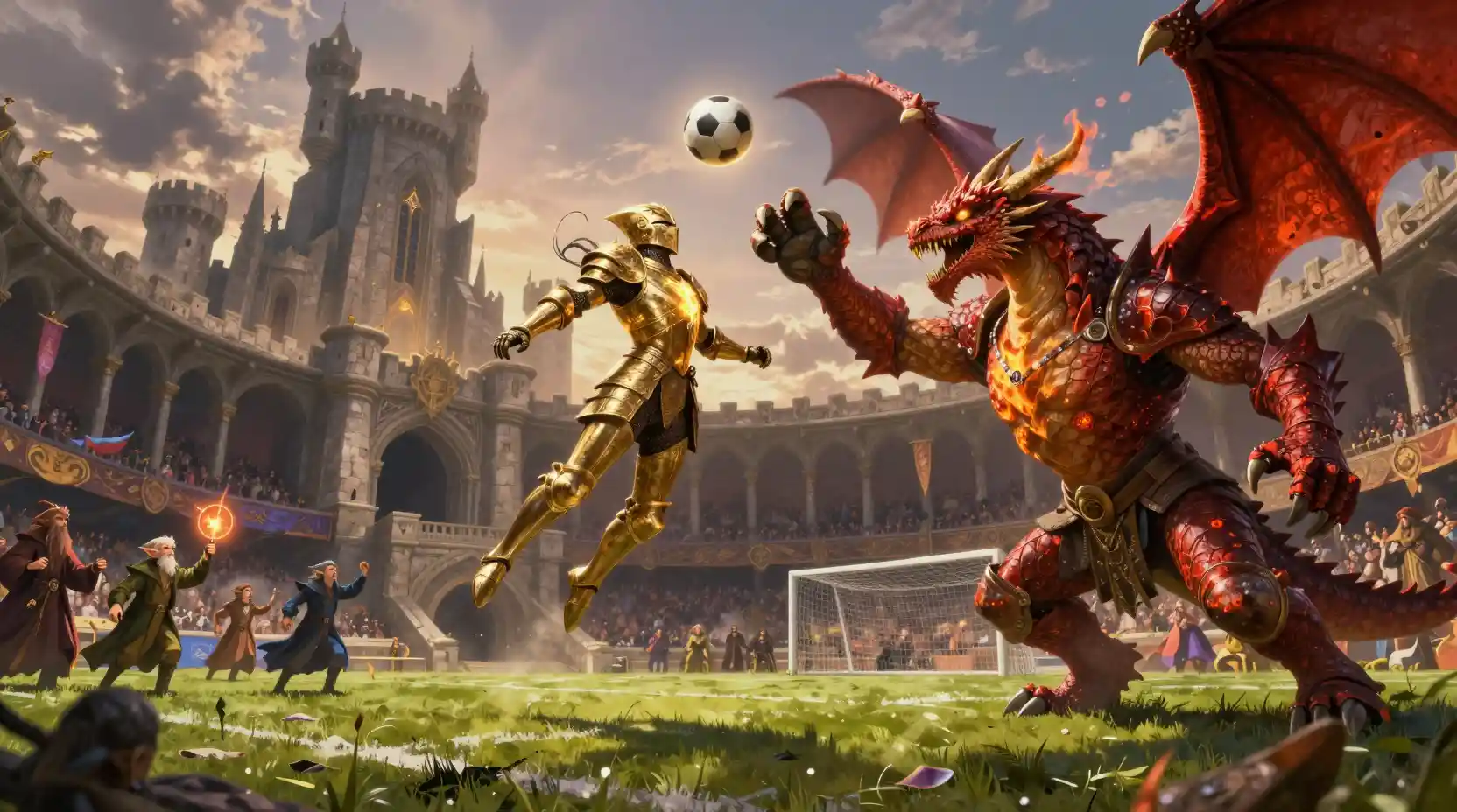 Knight Heading A Soccer Ball Against A Dragon Goalkeeper