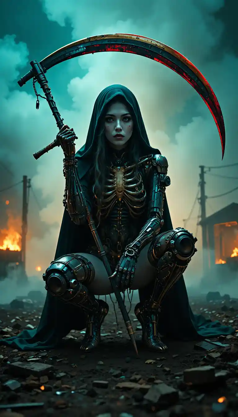 Cybernetic reaper woman in a smoky apocalyptic wasteland