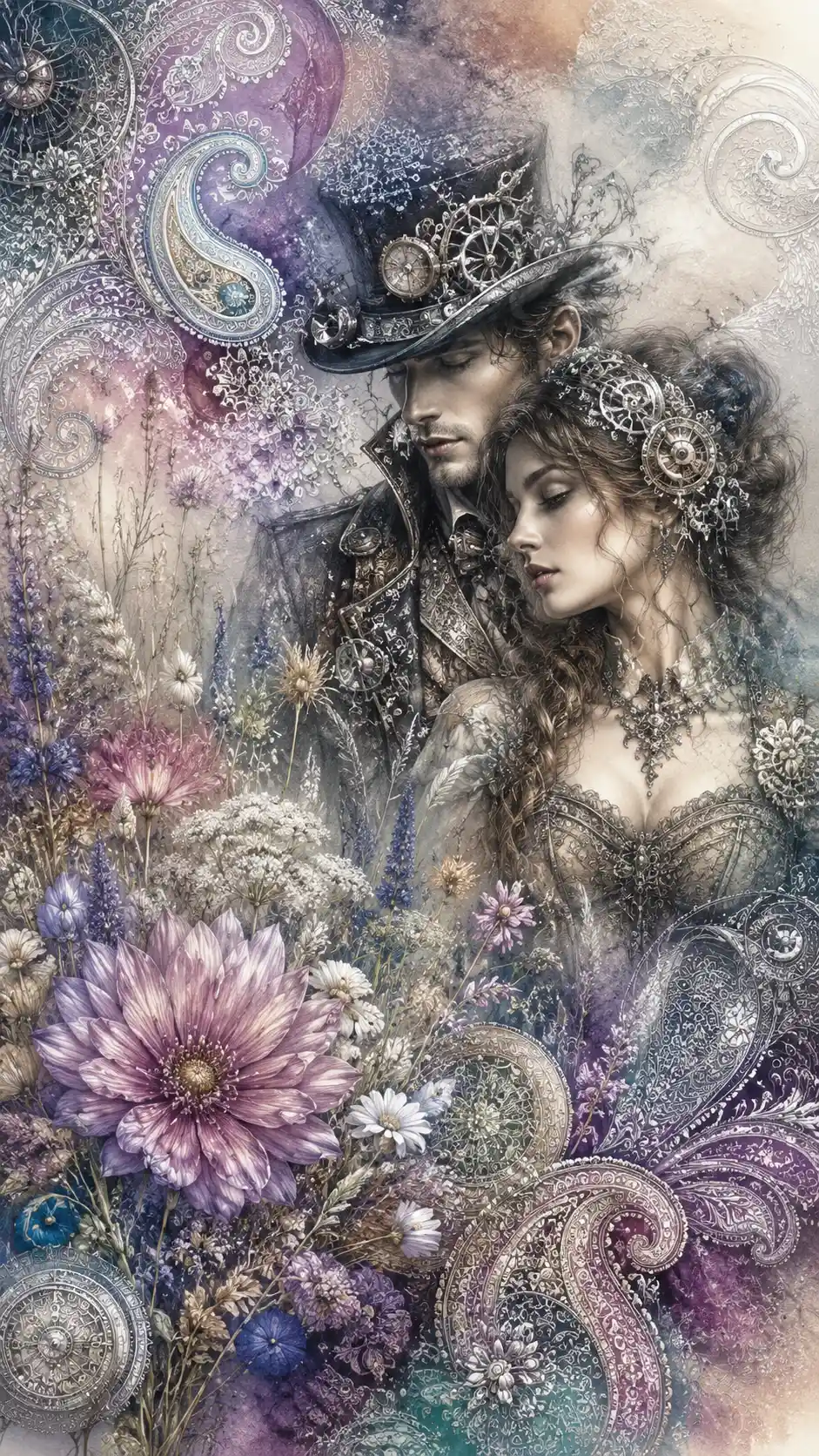 Fantasy steampunk couple on a dreamy floral meadow