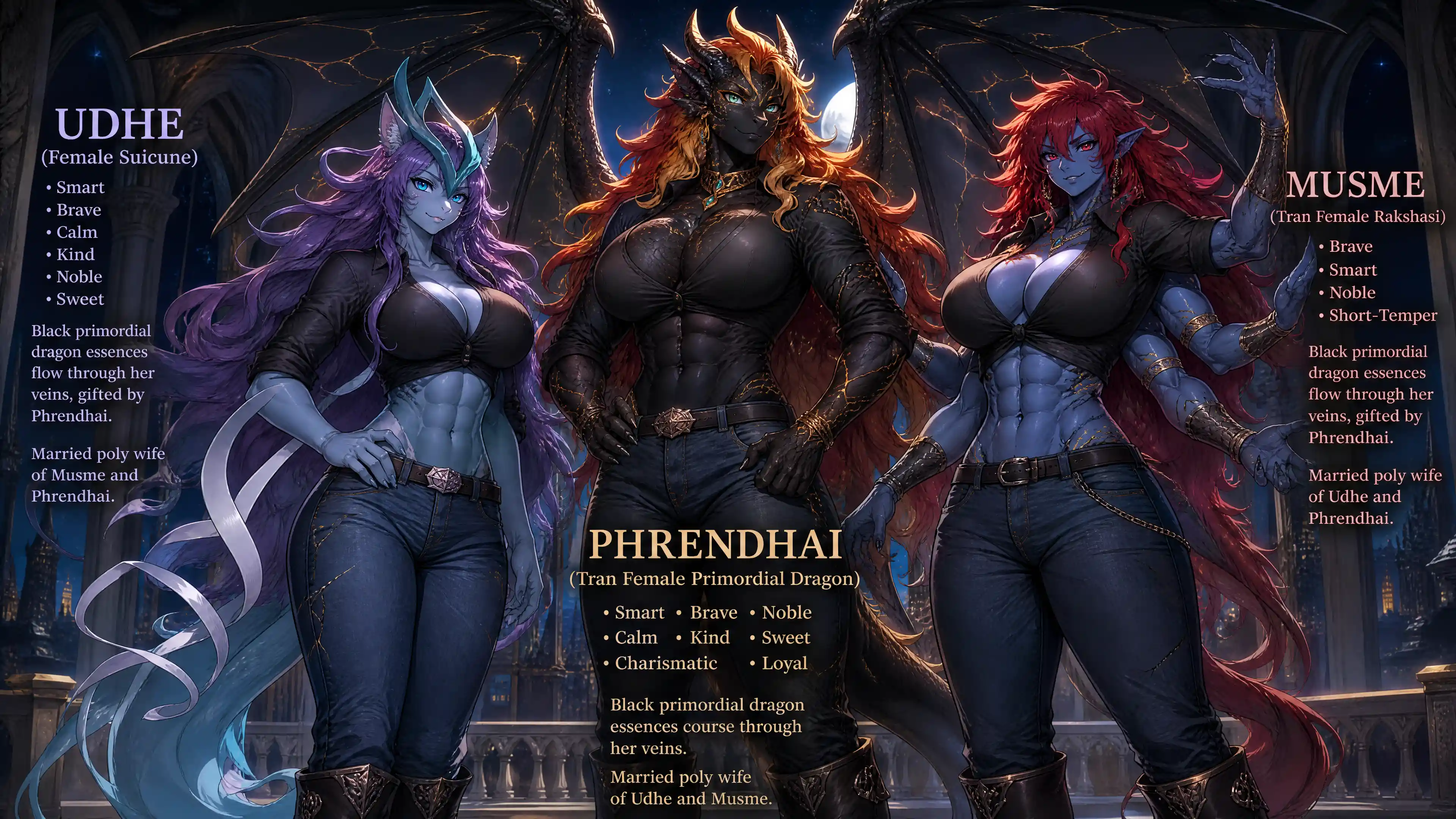 Anthro Suicune inspired woman with long purple hair and abs