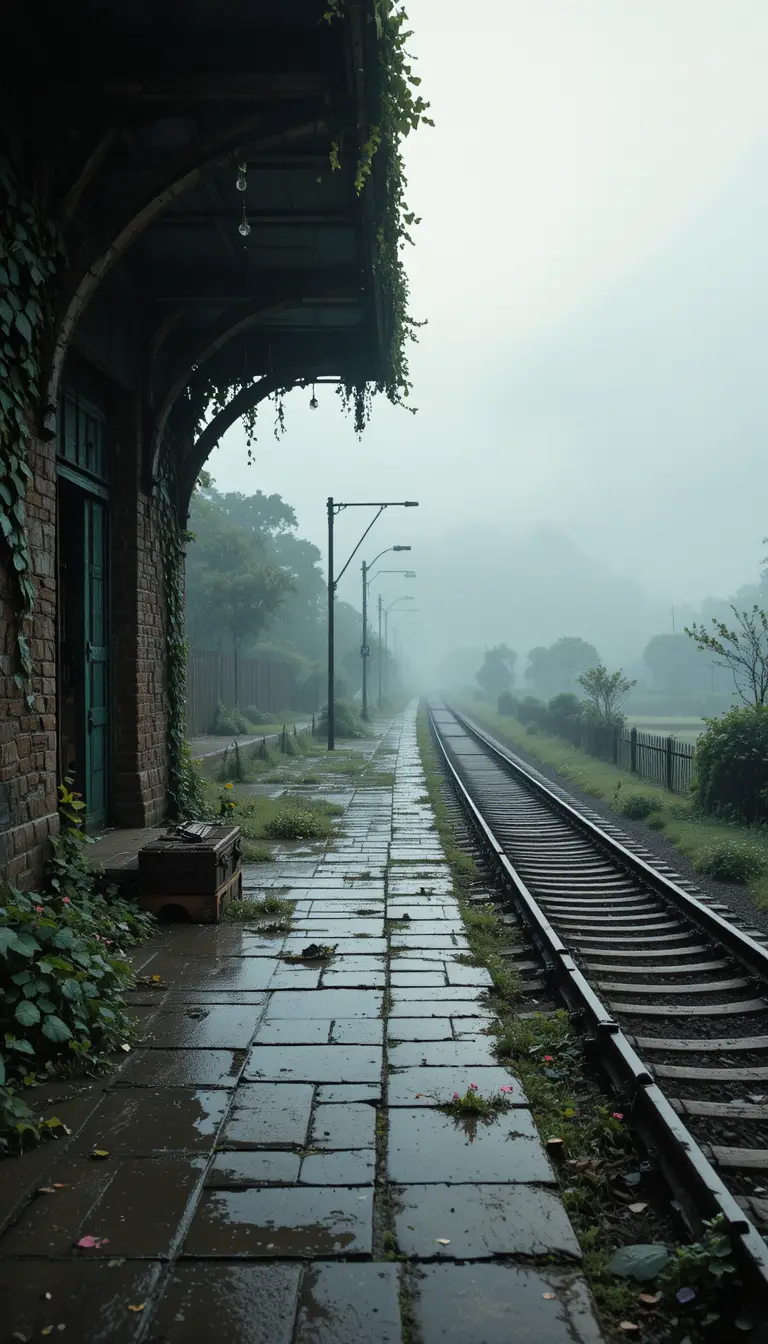 Abandoned countryside railway in misty rain and fog