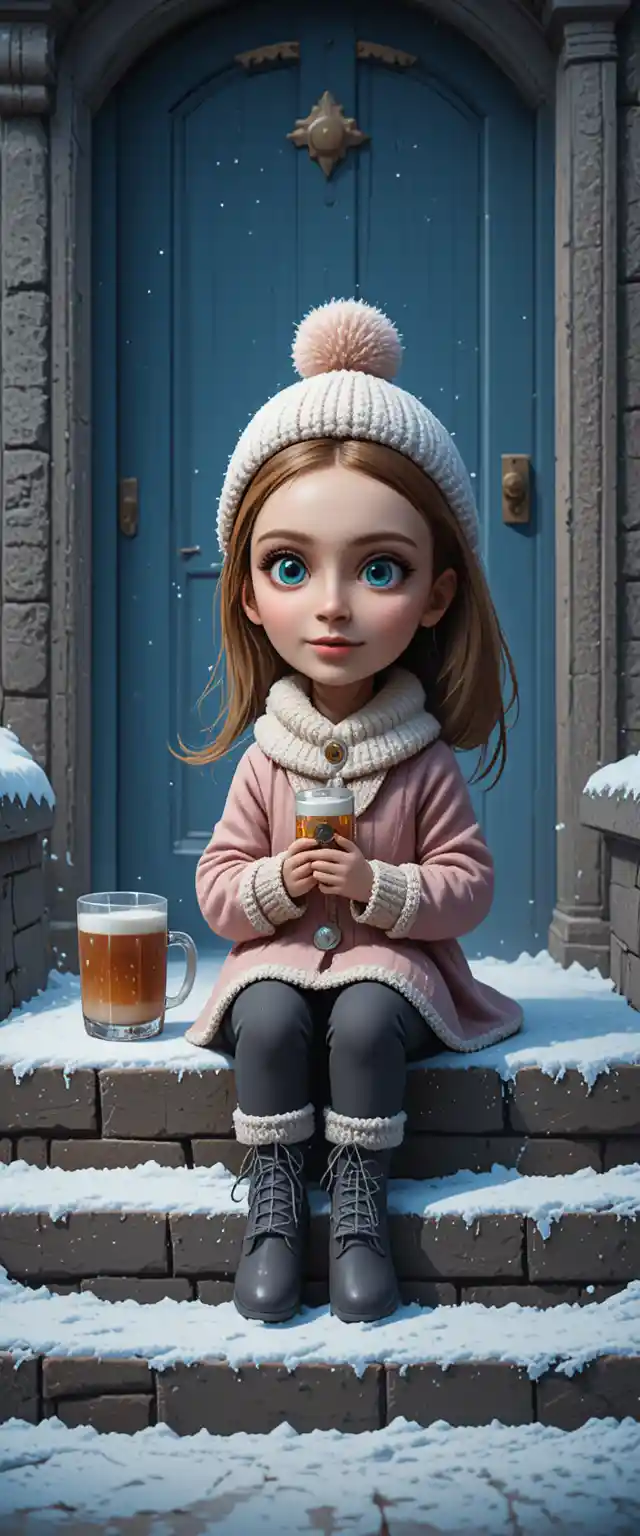 Pensive little girl on snowy front steps with milk glass