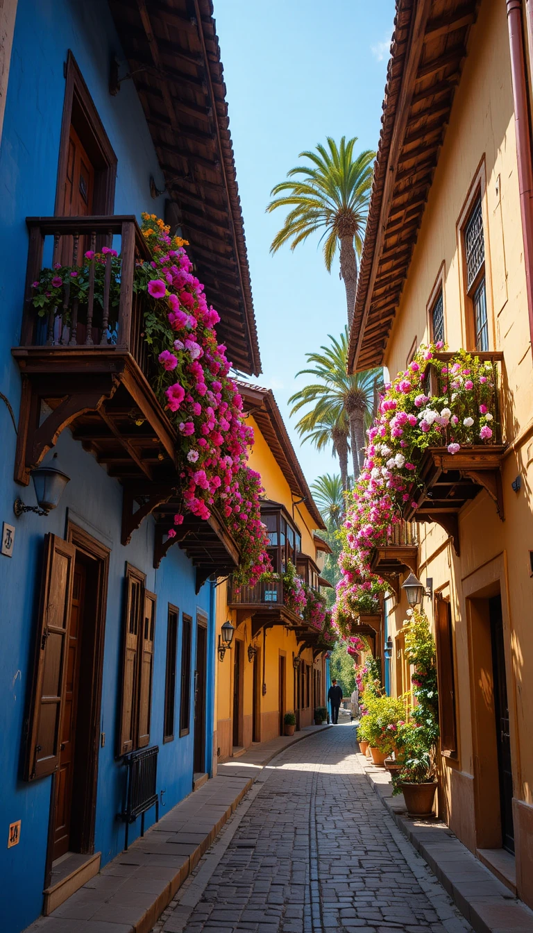 Colorful colonial street with flowers in bright sunlight