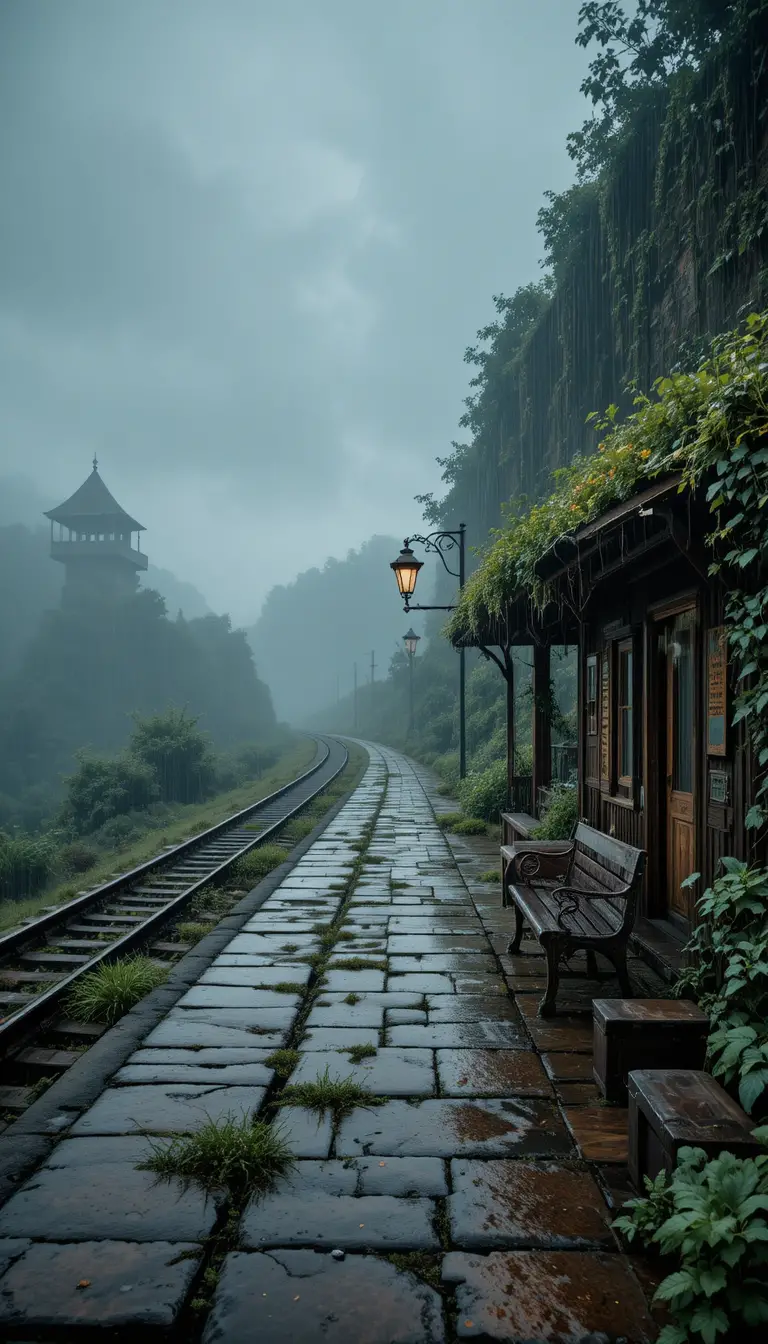 雨中廢棄火車站與霧氣朦朧的遠方山丘