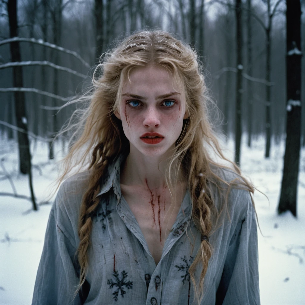 Feral werewolf woman in a snowy blizzard forest night