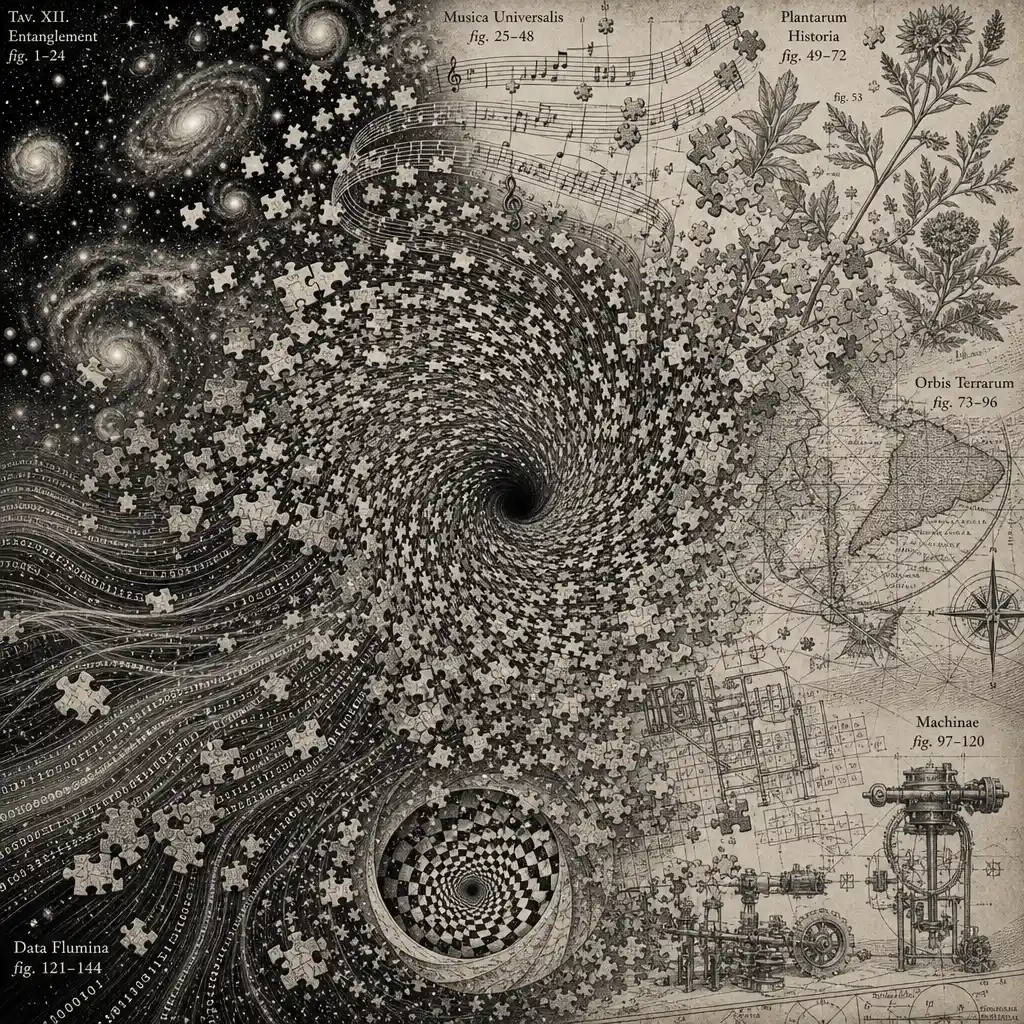Puzzle pieces transforming into galaxies and intricate diagrams