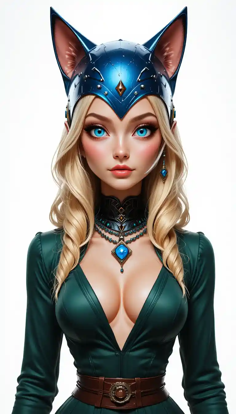 Fantasy blonde woman in cat ear helmet close up portrait
