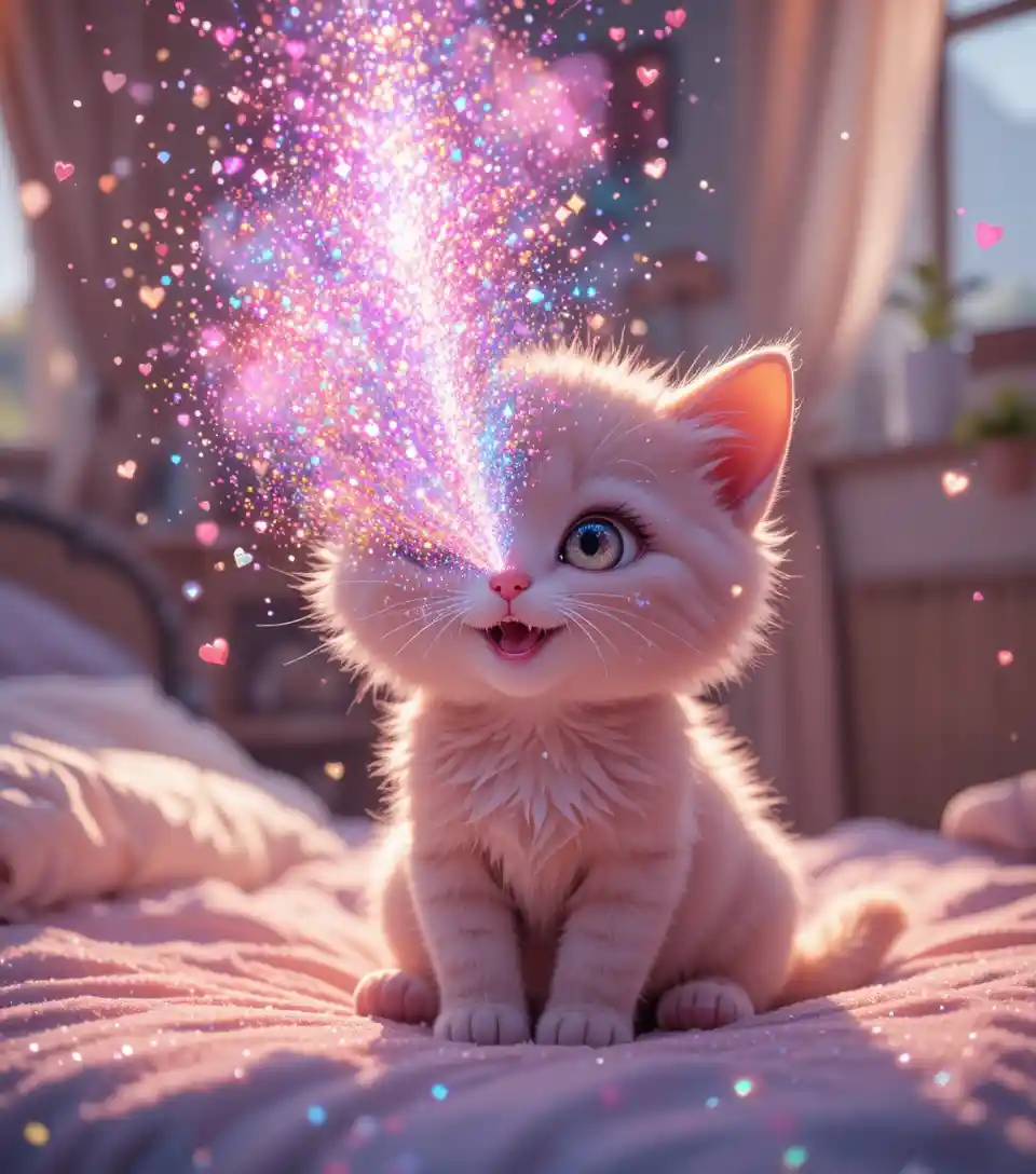 Cute anime kitten sneezing glitter on a cozy bed