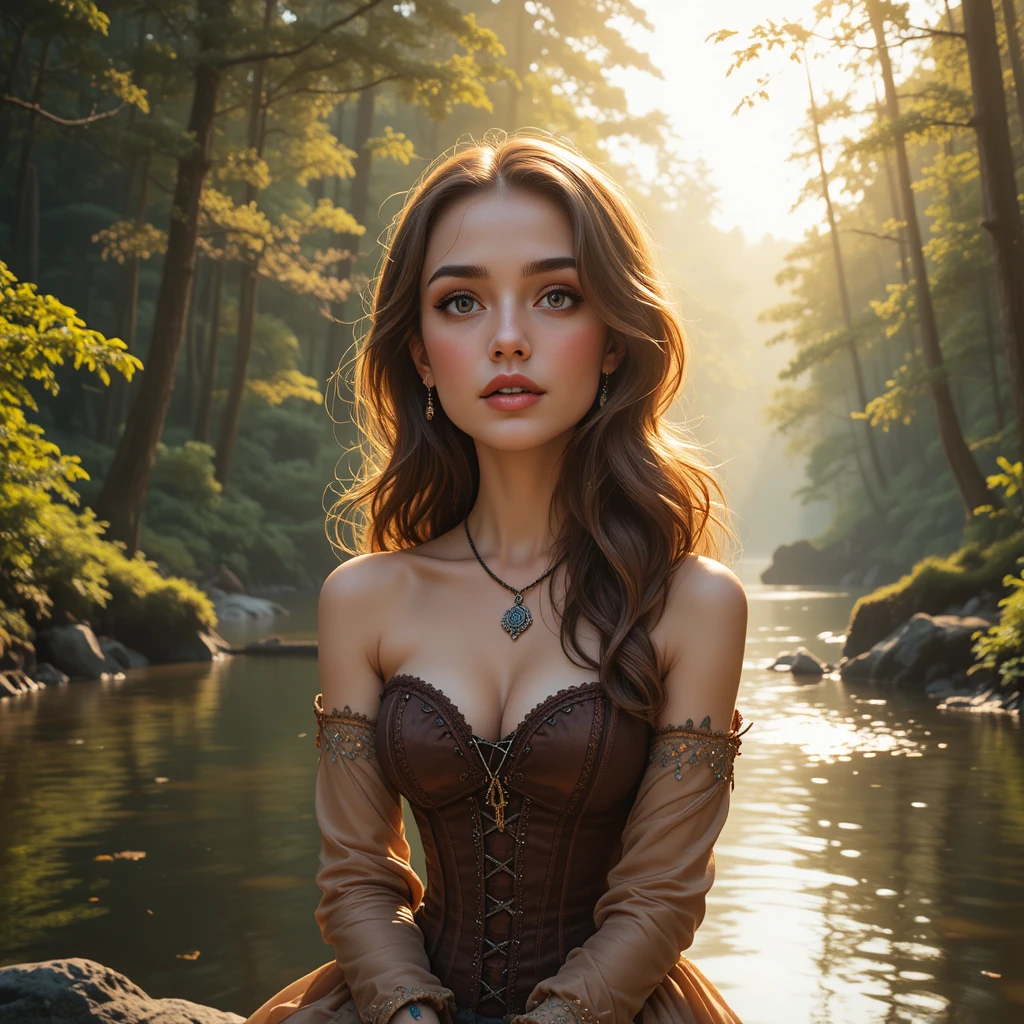 Young woman in forest by a sunlit riverside